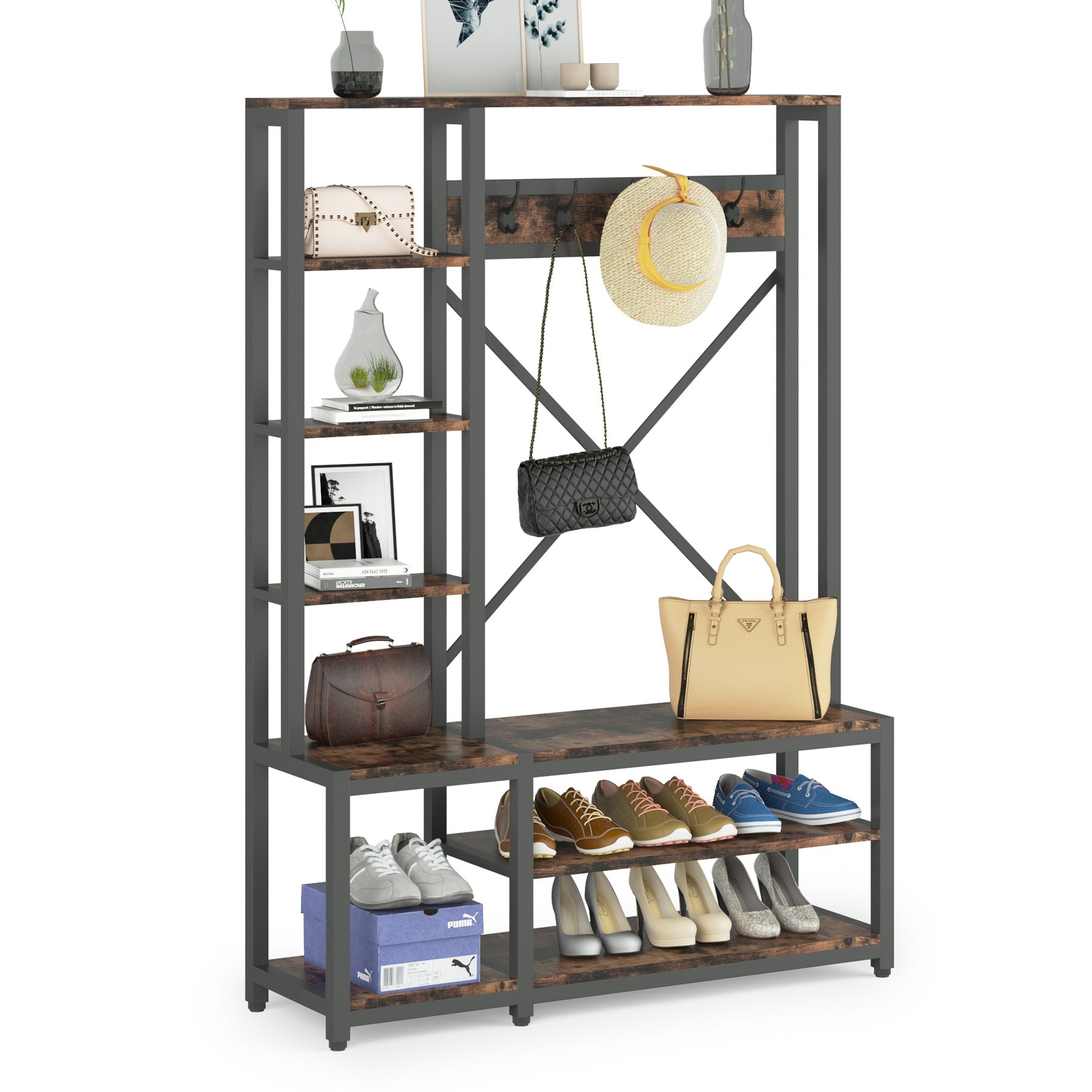 4-in-1 Entryway Hall Tree with Side Shelves